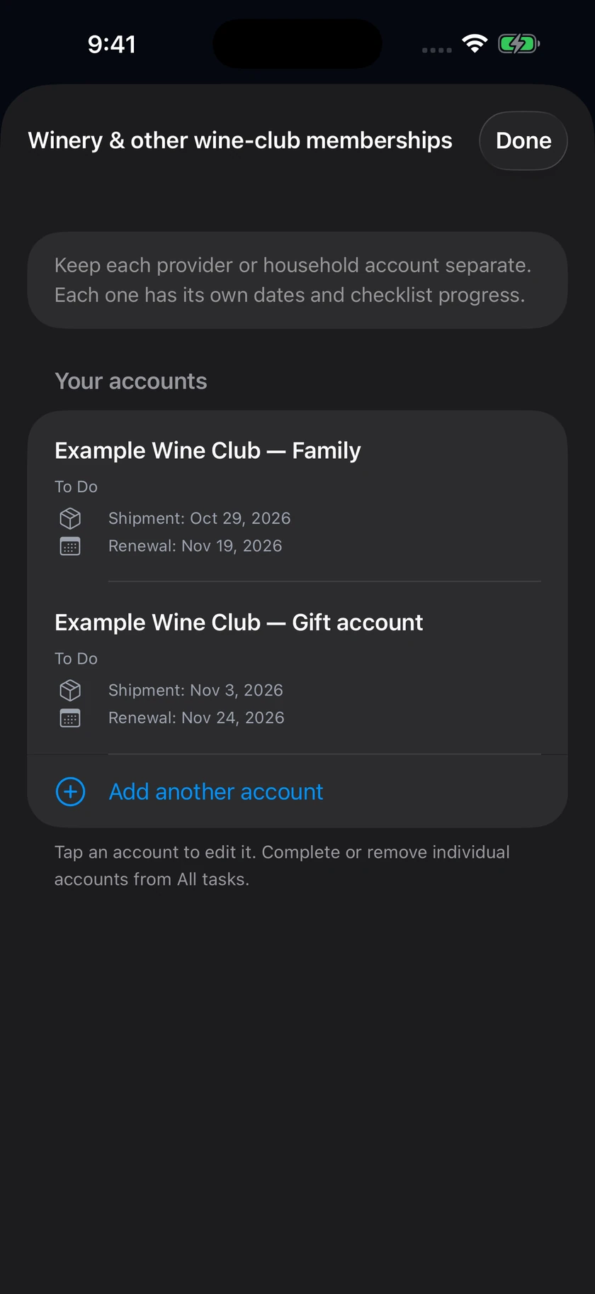 Accounts and dates screen showing separate fictional family and gift accounts with independent shipment and renewal dates.